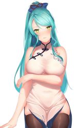Rule 34 | 1girl, alternate hairstyle, aqua hair, bad id, bad pixiv id, bang dream!, black thighhighs, blush, bow, breast hold, breasts, china dress, chinese clothes, dhfz181, dress, green eyes, hair bow, highres, hikawa sayo, large breasts, long hair, parted lips, ponytail, simple background, solo, swept bangs, thighhighs, white background