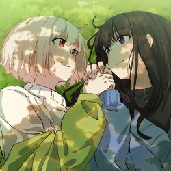 Rule 34 | 2girls, absurdres, artist name, black hair, black shirt, blonde hair, blue cardigan, bob cut, cardigan, closed mouth, commentary, couple, dappled sunlight, day, eye contact, fafayu, grass, green jacket, highres, holding hands, inoue takina, jacket, long hair, long sleeves, looking at another, lycoris recoil, lying, multiple girls, nishikigi chisato, on back, outdoors, puffy sleeves, purple eyes, red eyes, shadow, shirt, sidelocks, smile, sunlight, sweater, twitter username, upper body, white sweater, yuri