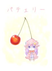 Rule 34 | 1girl, :&lt;, ajitsuki, cherry, chibi, commentary, crescent, crescent hair ornament, dress, food, frown, fruit, full body, hair ornament, hat, long hair, mob cap, patchouli knowledge, purple eyes, purple hair, solo, striped clothes, striped dress, touhou, translated