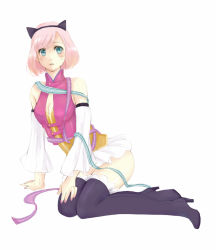 Rule 34 | 00s, 1girl, alternate costume, animal ears, aqua eyes, arm support, bad id, bare shoulders, blush, boots, breasts, cat ears, cleavage, detached sleeves, estellise sidos heurassein, facial mark, fake animal ears, green eyes, high heel boots, high heels, medium breasts, microskirt, nail polish, pink hair, pink nails, short hair, simple background, sitting, skirt, solo, tales of (series), tales of vesperia, thigh boots, thighhighs, vest, whisker markings, white background, yokozuwari