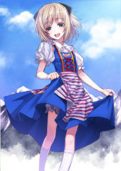 Rule 34 | 1girl, :d, blonde hair, bloomers, blue eyes, cloud, cross-laced clothes, day, dress, highres, looking at viewer, matsuryuu, mountain, open mouth, original, puffy sleeves, short hair, short sleeves, skirt hold, sky, smile, solo, underwear, white legwear