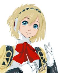 Rule 34 | 10s, 1girl, 2015, 4suke, aegis (persona), android, blonde hair, blue eyes, dated, hairband, joints, looking away, persona, persona 3, robot joints, short hair, simple background, smile, solo, twitter username, upper body, white background