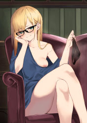 Rule 34 | 1girl, amagasa yun, blonde hair, blue eyes, blush, breasts, crossed legs, fate/grand order, fate (series), glasses, holding, holding clothes, holding panties, holding underwear, long hair, loose clothes, loose shirt, lord el-melloi ii case files, nipples, no bra, no panties, no pants, panties, reines el-melloi archisorte, shirt, smug, underwear