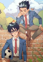 Rule 34 | 2boys, ball, black hair, blue eyes, commentary request, damian wayne, dc comics, endure gif, highres, jonathan kent, looking at another, looking at viewer, male focus, morning, multiple boys, necktie, outdoors, robin (dc), soccer ball, super sons, superboy