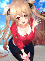Rule 34 | 1girl, alternate costume, bag, belt, belt buckle, black pantyhose, blue skirt, blush, breasts, brown eyes, brown hair, buckle, building, cleavage, collarbone, day, hair tie, heart, heterochromia, holding, holding bag, kantai collection, leaning forward, leg warmers, light brown hair, long hair, looking at viewer, medium breasts, murasame (kancolle), open mouth, outdoors, pantyhose, red eyes, red sweater, skirt, sky, smile, solo, spoken heart, sweater, two side up, very long hair, white belt, youmou usagi