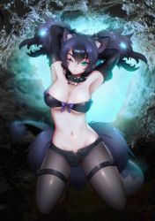 Rule 34 | 1girl, absurdres, animal ear fluff, animal ears, aqua eyes, armpits, arms behind head, arms up, belt bra, big hair, black collar, black hair, black pantyhose, black shorts, bone necklace, bow, breasts, buttons, cerberus (kemono friends), cleavage, closed mouth, collar, cutoffs, detached sleeves, dog ears, facial mark, full body, fur, glowing, glowing hair, groin, hair between eyes, hair rings, highres, kemono friends, kneeling, large breasts, legs apart, pantyhose under shorts, light smile, long tail, looking at viewer, lowleg, lowleg shorts, micro shorts, multicolored hair, navel, nelly (altsarespicy), one eye closed, open clothes, open fly, open shorts, pantyhose, parted bangs, purple hair, shorts, solo, spiked collar, spikes, stomach, strapless, tail, thigh strap, tube top, two-tone hair, two side up, unbuttoned, underboob