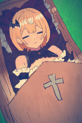 Rule 34 | 1girl, absurdres, bare shoulders, bat hair ornament, blonde hair, blush, breasts, cleavage, closed eyes, closed mouth, coffin, cross, death, detached sleeves, earrings, hair ornament, highres, hololive, jewelry, long sleeves, lying, on back, self-upload, short hair, short sleeves, small breasts, solo, thedarkenjoyer, virtual youtuber, yozora mel