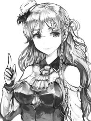 Rule 34 | 1girl, braid, breasts, clothing cutout, corset, greyscale, hat, index finger raised, kantai collection, kurou (bcrow), long hair, long sleeves, mini hat, monochrome, shirt, shoulder cutout, side braid, simple background, solo, upper body, zara (kancolle)