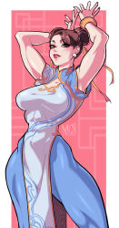 Rule 34 | 1girl, abs, absurdres, arms behind head, arms up, artist name, bracelet, capcom, china dress, chinese clothes, chun-li, double bun, dress, earrings, eyeliner, hair bun, highres, jewelry, lips, lipstick, makeup, moi yablochki, muscular, muscular female, ribbon, skin tight, standing, street fighter, street fighter 6, thick thighs, thighs
