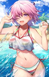 Rule 34 | 1girl, beach, bikini, blue sky, blush, breasts, cleavage, cloud, commentary request, day, fate/grand order, fate (series), fingernails, hair between eyes, herigaru (fvgyvr000), highres, in water, looking away, mash kyrielight, mash kyrielight (swimsuit of perpetual summer ver.02), medium breasts, multicolored bikini, multicolored clothes, multicolored swimsuit, navel, official alternate costume, one eye closed, open mouth, outdoors, palm tree, pink hair, purple eyes, sand, see-through, short hair, sky, smile, solo, striped bikini, striped clothes, swimsuit, tree, wading, water