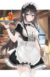 Rule 34 | 1girl, absurdres, apron, black hair, blue eyes, breasts, cleavage, cleavage cutout, clothing cutout, cup, curtains, dress, drinking glass, drinking straw, food, frilled dress, frills, highres, holding, holding tray, indoors, lebring, looking at viewer, maid, maid apron, maid headdress, medium breasts, omelet, omurice, original, puffy short sleeves, puffy sleeves, short sleeves, smile, solo, thighhighs, thighs, tray, white thighhighs, window, wooden floor, wooden wall, wrist cuffs