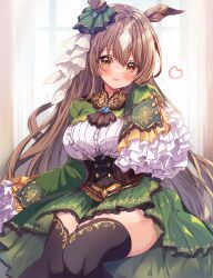 Rule 34 | 1girl, animal ears, blush, breasts, brown eyes, brown hair, chest jewel, curtains, cutlass (classic chocolate), dress, frilled sleeves, frills, hair between eyes, hair ornament, heart, highres, horse ears, horse girl, large breasts, long hair, long sleeves, looking at viewer, open mouth, satono diamond (umamusume), solo, thighhighs, thighs, umamusume