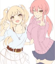 Rule 34 | 2girls, :d, ;d, aran sweater, belt, blonde hair, bracelet, breasts, brown belt, cable knit, collarbone, earrings, eyelashes, fang, fingernails, grin, hand up, idolmaster, idolmaster cinderella girls, idolmaster cinderella girls starlight stage, jewelry, jougasaki mika, jougasaki rika, long hair, long sleeves, looking at viewer, miniskirt, multiple girls, necklace, one eye closed, open mouth, pale color, pink hair, pleated skirt, ryuu., siblings, sisters, skirt, smile, star (symbol), star necklace, sweater, two side up, w, yellow eyes