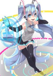 Rule 34 | 1girl, 39, :d, absurdres, black gloves, black thighhighs, blue eyes, blue hair, blue necktie, elbow gloves, full body, gloves, hatsune miku, headset, highres, long hair, looking at viewer, miniskirt, necktie, open mouth, photoshop (medium), pleated skirt, reiga (act000), skirt, smile, solo, thigh gap, thighhighs, twintails, very long hair, vocaloid