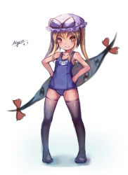 Rule 34 | 1girl, aged down, blonde hair, child, collarbone, gap (touhou), grey thighhighs, hands on own hips, hat, hat ribbon, highres, looking at viewer, mob cap, myero, one-piece swimsuit, ribbon, school swimsuit, signature, simple background, smile, solo, swimsuit, thighhighs, touhou, twintails, white background, yakumo yukari, yakumo yukari (young), yellow eyes
