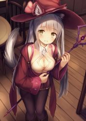 Rule 34 | 1girl, animal ears, bad id, bad pixiv id, black pantyhose, boots, bow, breasts, brown footwear, chair, cleavage, cleavage cutout, clothing cutout, collared shirt, commentary request, ears through headwear, from above, grey hair, hat, hat bow, hat ribbon, holding, holding staff, hood, hoodie, indoors, long hair, long sleeves, looking at viewer, looking up, medium breasts, original, pantyhose, parted lips, pink bow, pink ribbon, pleated skirt, purple skirt, red hat, red hoodie, ribbon, shirt, sidelocks, skirt, slit pupils, solo, staff, standing, table, tail, tareme, twintails, usagino suzu, very long hair, white shirt, wide sleeves, wizard hat, wolf ears, wolf girl, wolf tail, wooden floor, yellow eyes