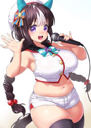 Rule 34 | 1girl, animal ears, beret, black thighhighs, bow, braid, breasts, brown hair, commentary request, cowboy shot, curvy, ear covers, hair bow, hat, highres, hokko tarumae (umamusume), holding, holding microphone, horse ears, horse girl, horse tail, idol, large breasts, long braid, long hair, looking at viewer, microphone, multicolored hair, navel, onsoku inu, purple eyes, shorts, smile, solo, star (symbol), streaked hair, tail, thick thighs, thighhighs, thighs, twin braids, umamusume, white background, white hat, white shorts
