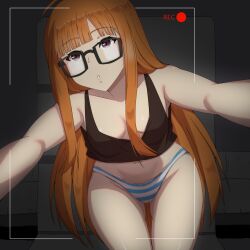Rule 34 | 1girl, absurdres, ahoge, black tank top, blunt bangs, breasts, brown hair, commentary, crop top, english commentary, glasses, groin, highres, long hair, lucky zero, navel, orange hair, outstretched arms, paid reward available, panties, parted lips, persona, persona 5, purple eyes, recording, sakura futaba, selfie, small breasts, solo, striped clothes, striped panties, tank top, thighs, underwear, very long hair, viewfinder