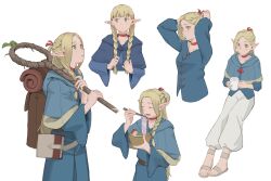Rule 34 | 1girl, adjusting hair, ambrosia (dungeon meshi), backpack, bag, baggy pants, belt, blonde hair, blue capelet, blue robe, bowl, braid, brown bag, brown belt, capelet, choker, chopsticks, closed eyes, cup, dungeon meshi, elf, green eyes, hands up, highres, holding, holding bowl, holding chopsticks, holding cup, holding staff, hood, hooded capelet, long hair, marcille donato, multiple views, open mouth, pants, pointy ears, ponytail, psylduck, red choker, robe, sandals, simple background, single braid, staff, twin braids, white background, white pants