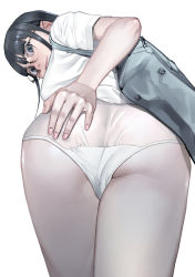 Rule 34 | 1girl, ass, bag, black hair, blouse, blue-framed eyewear, blue bag, blue eyes, blunt bangs, carrying bag, closed mouth, fingernails, from behind, glasses, hand on own ass, highres, inamitsu shinji, leaning forward, legs together, lips, long hair, looking back, nail polish, original, paid reward available, panties, pink nails, round eyewear, school bag, school uniform, shirt, short sleeves, simple background, solo, standing, thighs, underwear, white background, white panties, white shirt