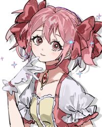 Rule 34 | 1girl, :d, blush, bow, brooch, choker, collarbone, dot nose, finger to own chin, gloves, grin, hair between eyes, hair bow, hand up, highres, inu totemo, jewelry, kaname madoka, mahou shoujo madoka magica, open mouth, parted lips, pink eyes, pink hair, puffy short sleeves, puffy sleeves, raised eyebrows, red bow, red choker, shirt, short sleeves, short twintails, sidelocks, simple background, smile, solo, sparkle, twintails, upper body, white background, white gloves, white shirt