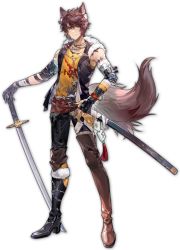 Rule 34 | 1boy, animal ears, brown hair, chain necklace, earrings, fur trim, gloves, grey eyes, highres, holding, holding weapon, jacket, jewelry, katana, mahjong soul, male focus, necklace, official art, short hair, sleeveless, solo, sword, tail, transparent background, weapon, wolf boy, wolf ears, wolf tail, yostar, zechs (mahjong soul)