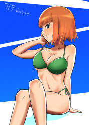 Rule 34 | 1girl, bikini, blue eyes, blush, brave witches, breasts, cleavage, closed mouth, green bikini, gundula rall, highres, large breasts, looking at viewer, navel, orange hair, shiri chin, short hair, side-tie bikini bottom, smile, solo, swimsuit, world witches series