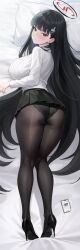 Rule 34 | 1girl, absurdres, ass, black footwear, black hair, black pantyhose, black skirt, blue archive, blunt bangs, blush, breasts, commentary, dakimakura (medium), english commentary, hair ornament, hairclip, halo, high heels, highres, large breasts, long hair, long sleeves, looking at viewer, pantyhose, pillow, preview (preview0), pumps, red eyes, rio (blue archive), shoes, skirt, solo, stiletto heels, sweater, turtleneck, turtleneck sweater, v-shaped eyebrows, very long hair, white sweater