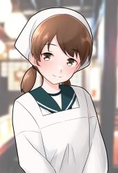Rule 34 | 1girl, apron, blurry, blurry background, brown eyes, brown hair, furaggu (frag 0416), head scarf, highres, japanese clothes, kantai collection, kappougi, kitchen, looking at viewer, low twintails, official alternate costume, school uniform, serafuku, shirayuki (kancolle), short hair, short twintails, smile, solo, twintails, upper body
