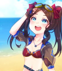 Rule 34 | 1girl, beach, bikini, bikini top only, blue eyes, blue sky, blush, breasts, brown gloves, brown hair, collarbone, fate/grand order, fate (series), fingerless gloves, forehead, gloves, goggles, hair ribbon, jewelry, leonardo da vinci (fate), leonardo da vinci (swimsuit ruler) (fate), long hair, looking up, necklace, open mouth, parted bangs, puffy short sleeves, puffy sleeves, red bikini, red ribbon, ribbon, shore, short sleeves, shrug (clothing), sidelocks, sky, small breasts, smile, solo, swimsuit, tsuyuri (5/7), twintails