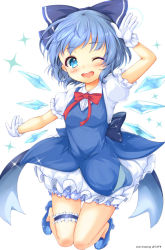 Rule 34 | 1girl, bloomers, blue bow, blue dress, blue eyes, blue footwear, blue hair, blush, bow, bowtie, bridal garter, cirno, commentary request, dress, gloves, hair bow, high heels, highres, ice, ice wings, kawasumi, looking at viewer, one eye closed, open mouth, paragasu (parags112), red bow, red bowtie, salute, shoes, short hair, simple background, smile, solo, sparkle, teeth, touhou, underwear, white background, white gloves, wings