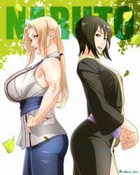 2girls absurdres armpits back-to-back bare_shoulders black_eyes black_hair black_kimono black_pants blonde_hair breasts brown_hair cowboy_shot facial_mark forehead_mark from_side green_background hand_on_own_hip head_tilt highres japanese_clothes kimono large_breasts leaf long_hair looking_at_viewer low_twintails medium_breasts multiple_girls nail_polish naruto naruto_(series) no_pupils pants parted_lips red_nails saburo_des sash shirt shizune_(naruto) short_hair sidelocks tsunade_(naruto) twintails twitter_username two-tone_background waist_sash watermark white_background white_shirt