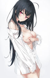 Rule 34 | 1girl, ahoge, areola slip, bare shoulders, black hair, breasts, cleavage, covering nipples, covering privates, cowboy shot, dress shirt, emyo, head tilt, highres, long hair, long sleeves, looking at viewer, medium breasts, no bra, off shoulder, open clothes, open shirt, original, partially unbuttoned, red eyes, shirt, simple background, smile, solo, white background, white shirt