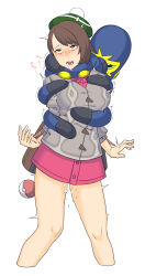 Rule 34 | 1girl, ahegao, asphyxiation, blush, brown bag, brown hair, commentary, creatures (company), dated commentary, dyun, game freak, gen 8 pokemon, gloria (pokemon), grabbing, grabbing from behind, grapploct, grey jacket, groping, hat, highres, jacket, long sleeves, miniskirt, nintendo, open mouth, pink skirt, poke ball, poke ball (basic), pokemon, pokemon (creature), pokemon swsh, pussy juice, simple background, skirt, snot, white background