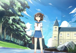 Rule 34 | 1girl, blue sky, brown hair, cloud, day, food, forest, hair bobbles, hair ornament, mouth hold, nature, original, pocky, scenery, school uniform, serafuku, short hair, skirt, sky, sky-freedom, solo, standing, stream, tree, two side up, wading, water