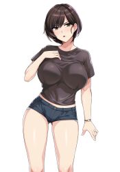 Rule 34 | 1girl, black hair, black shirt, blue shorts, breasts, brown eyes, commentary request, cowboy shot, denim, denim shorts, earrings, haruhisky, highres, jewelry, large breasts, midriff peek, original, ring, shirt, short hair, short shorts, short sleeves, shorts, simple background, solo, standing, swept bangs, t-shirt, watch, white background, wristwatch