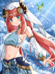 Rule 34 | 1girl, absurdres, bare shoulders, blue eyes, blue gemstone, blue sky, blush, breasts, brooch, closed mouth, cloud, crop top, crystalfly (genshin impact), detached sleeves, falling petals, forehead jewel, gem, genshin impact, highres, horns, jewelry, long hair, long sleeves, looking at viewer, low twintails, medium breasts, navel, neck ring, nilou (genshin impact), parted bangs, petals, shi zhuzi da, sky, smile, solo, stomach, twintails, vambraces, veil, very long hair, vision (genshin impact), water drop, white headdress