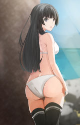 Rule 34 | 1girl, absurdres, ass, bang dream!, beach, bikini, black hair, black thighhighs, blunt bangs, blurry, blurry background, breasts, butt crack, crying, from behind, highres, large breasts, long hair, looking at viewer, parted lips, purple eyes, segina04, shirokane rinko, skindentation, solo, swimsuit, thighhighs, thighs, white bikini