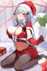 Rule 34 | 1girl, absurdres, alternate costume, azur lane, blush, box, breasts, capelet, christmas, cleavage, commentary, commission, crop top, detached sleeves, dunkerque (azur lane), flying sweatdrops, fur-trimmed capelet, fur trim, gift, gift box, gloves, grabbing own breast, gradient hair, grey hair, grey pantyhose, hair over one eye, hat, highres, large breasts, light smile, long hair, looking at viewer, midriff, miniskirt, multicolored hair, navel, pantyhose, parted lips, red capelet, red gloves, red skirt, santa hat, sitting, skeb commission, skirt, solo, yamada auto
