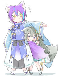 Rule 34 | 1boy, 1girl, animal ear fluff, animal ears, aqua hair, bell, blue robe, blush, chibi, clinging, detached sleeves, ears down, fox boy, fox ears, fox girl, fox tail, full body, geta, green hair, hair between eyes, hair ornament, hands up, height difference, hiding, hiding behind another, highres, holding another&#039;s tail, japanese clothes, jingle bell, kamishiro rui, kariginu, kusanagi nene, long hair, long sleeves, looking at viewer, multicolored hair, outstretched arm, peeking out, pom pom (clothes), project sekai, purple eyes, purple hair, ribbon-trimmed sleeves, ribbon trim, robe, sekai yoni, short hair, sidelocks, simple background, socks, standing, streaked hair, tabi, tail, tassel, very long hair, white background, white socks, wide sleeves, yellow eyes