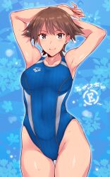 Rule 34 | 1girl, absurdres, alternate costume, arena (company), arms behind head, blue background, blue one-piece swimsuit, breasts, brown hair, commentary request, competition swimsuit, em (totsuzen no hakike), flipped hair, gluteal fold, grey eyes, hiei (kancolle), highres, kantai collection, looking at viewer, medium breasts, one-piece swimsuit, short hair, solo, swimsuit, third-party source, two-tone swimsuit