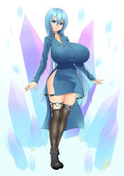 Rule 34 | 1girl, blue eyes, blue hair, bluespice, breasts, full body, highres, huge breasts, long hair, looking at viewer, matching hair/eyes, scowl, solo, standing, thighhighs, very long hair