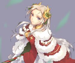 Rule 34 | 1girl, axe, cape, christmas, commentary request, edelgard von hresvelg, edelgard von hresvelg (snowfall future), fake antlers, fake horns, fire emblem, fire emblem: three houses, fire emblem heroes, fur-trimmed cape, fur trim, green cape, hair ornament, holding, holding axe, holding polearm, holding weapon, holly hair ornament, holly hat ornament, horns, mistletoe hair ornament, nintendo, official alternate costume, polearm, purple eyes, red cape, robaco, solo, two-tone cape, weapon, white hair, yellow horns