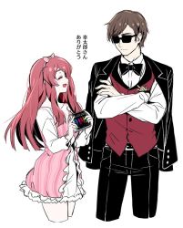 Rule 34 | 1boy, 1girl, alternate costume, bow, bowtie, brown hair, cd case, commentary request, cropped legs, crossed arms, da huang, dress, closed eyes, hairband, height difference, holding, jacket, long hair, pants, long sleeves, minamoto sakura, pants, red hair, short dress, short hair, simple background, smile, standing, sunglasses, tatsumi koutarou, translation request, vest, white background, zombie land saga
