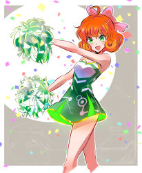 Rule 34 | 1girl, :d, ahoge, bare arms, bare shoulders, blush, bow, cheerleader, confetti, cropped legs, curly hair, dress, freckles, green dress, green eyes, hair bow, happy, highres, holding, iesupa, looking at viewer, open mouth, orange hair, outdoors, penny polendina, pink bow, pom pom (cheerleading), rwby, short hair, smile, solo, standing, tareme, thighs, two-tone background