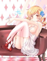 Rule 34 | 10s, 1girl, areola slip, blonde hair, blush, breasts, camisole, checkered floor, cleavage, couch, drill hair, floor, flower, garter straps, hair flower, hair ornament, looking at viewer, mahou shoujo madoka magica, mahou shoujo madoka magica (anime), martini, miyuki rei, nipple slip, nipples, off shoulder, pink thighhighs, see-through, shoes, single shoe, sitting, solo, thighhighs, tomoe mami, yellow eyes