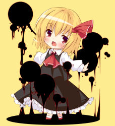 Rule 34 | 1girl, ascot, bad id, bad pixiv id, blonde hair, blush, chibi, fang, female focus, hair ribbon, inkblot, looking at viewer, open mouth, outstretched arms, red eyes, ribbon, rumia, salmon (saaamon), shirt, short hair, skirt, skirt set, solo, touhou, vest
