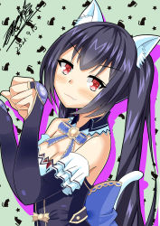 Rule 34 | absurdres, animal ears, bare shoulders, black hair, breasts, cat ears, cat tail, cleavage, collar, dress, gloves, green background, highres, jacket, jewelry, long hair, medium breasts, neptune (series), noire (neptunia), red eyes, ribbon, ring, rings, shibafate, smile, tail, tsundere, twintails