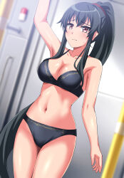 Rule 34 | 1girl, absurdres, black bra, black hair, black panties, bra, commentary request, commission, cowboy shot, dutch angle, highres, kantai collection, long hair, panties, pixiv commission, ponytail, red eyes, see-through, solo, standing, train interior, underwear, underwear only, yahagi (kancolle), zanntetu