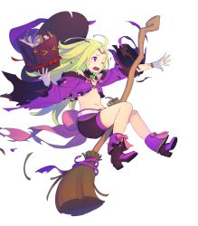 Rule 34 | 1girl, ;o, ankle boots, bare shoulders, belt, blonde hair, book, boots, bow, broom, circlet, enkyo yuuichirou, fire emblem, fire emblem heroes, fold-over boots, full body, halloween, halloween costume, hat, high heel boots, high heels, highres, injury, long hair, midriff, navel, nintendo, nowi (fire emblem), official art, one eye closed, open book, pointy ears, purple hair, ryona, shorts, simple background, solo, sweatdrop, torn clothes, transparent background, witch hat